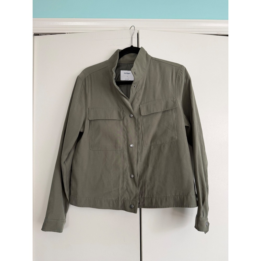 Old Navy Womens Olive Green Utility Jacket Snap Front Cropped Field Coat Small